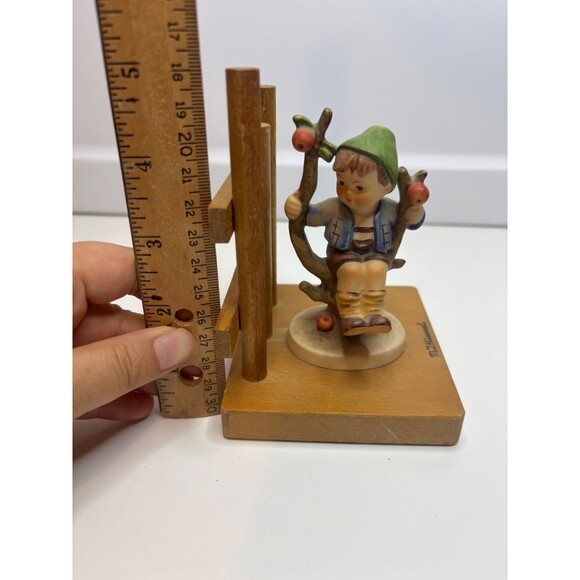 M J Hummel Boy in Apple Tree Bookend Western Germany Figurine on Wood 5" Tall - Picture 7 of 8